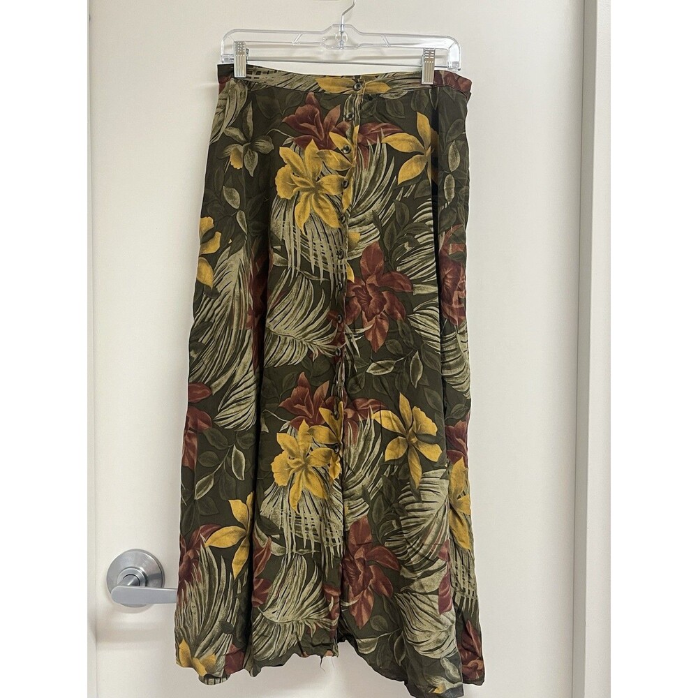 100% Silk VTG Jones New York Tropical Maxi Skirt 14 Button Front Vacation Boho